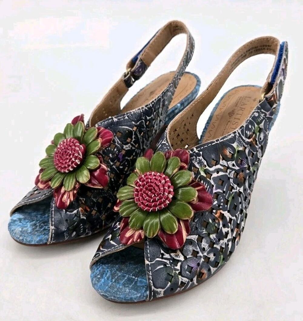 L'artiste Arautre Artsy Boho Floral Art To Wear Slingback Heel Shoe Sz 35 US 5